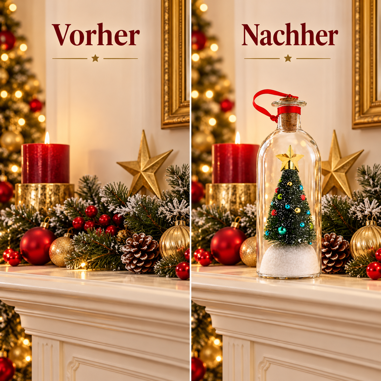 Derselbe Kaminsims vor und nach dem Aufstellen einer Weihnachtsflasche