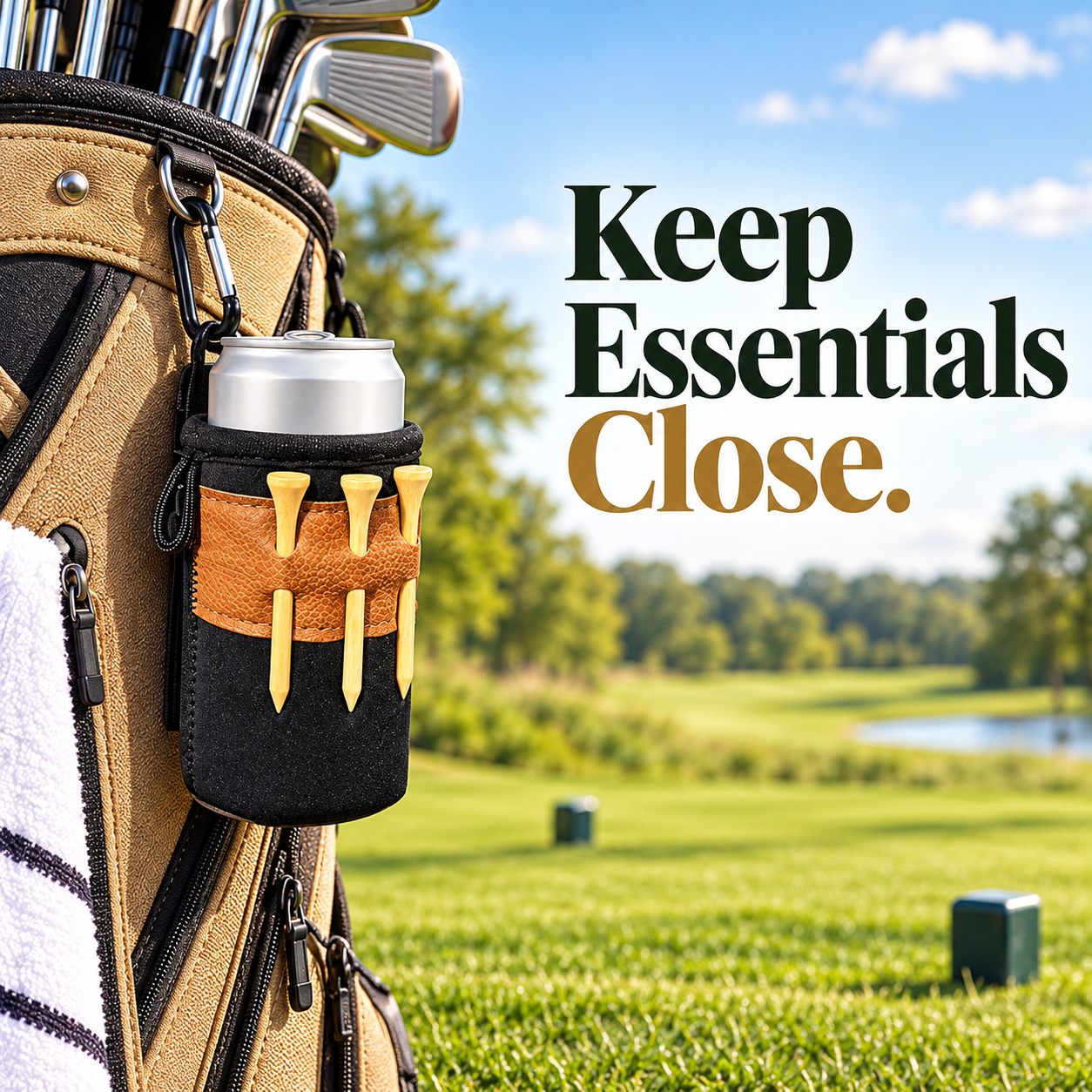 Drink and tee holder hanging beside a golf bag at the teeing area