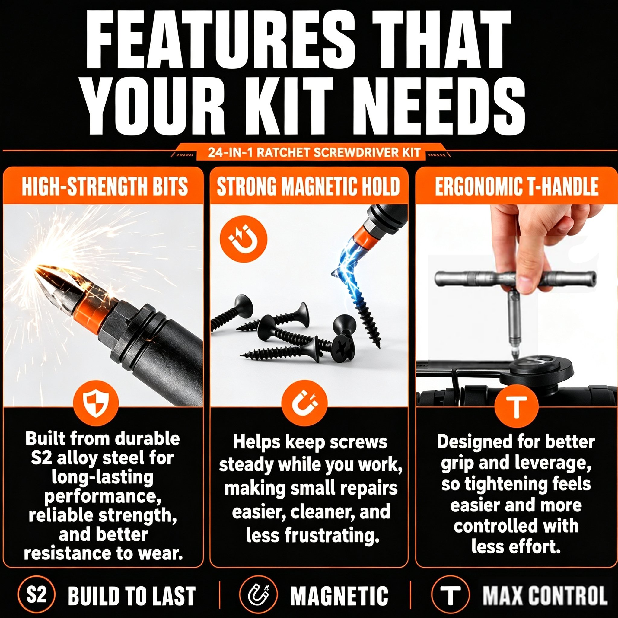 🛠️ 24-in-1 T-Handle Ratchet Screwdriver Set with S2 Bits