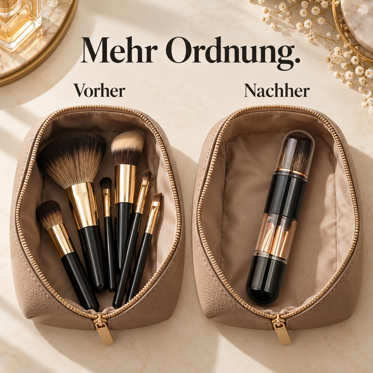 Illustrativer Vergleich desselben Kulturbeutels: links lose Make-up-Pinsel, rechts das kompakt verstaute schwarz-goldene 6-in-1-Set
