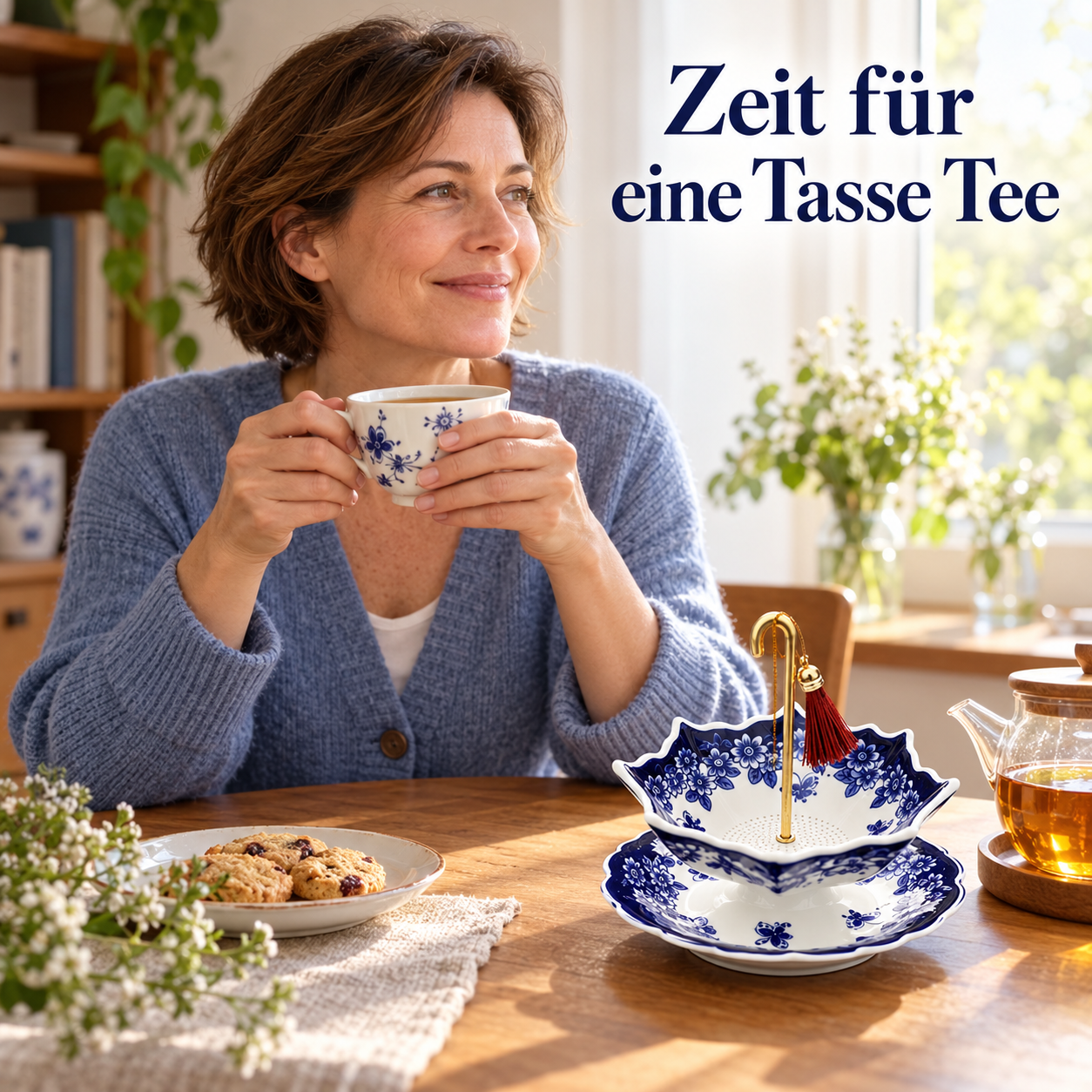 Eine Frau genießt Tee am Fenster; das blau-weiße Teesieb steht auf seiner Ablage