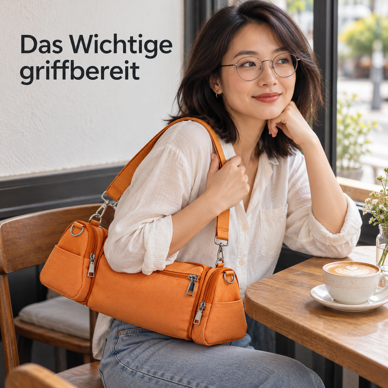 Orange modulare Tasche über einer Schulter im Café getragen