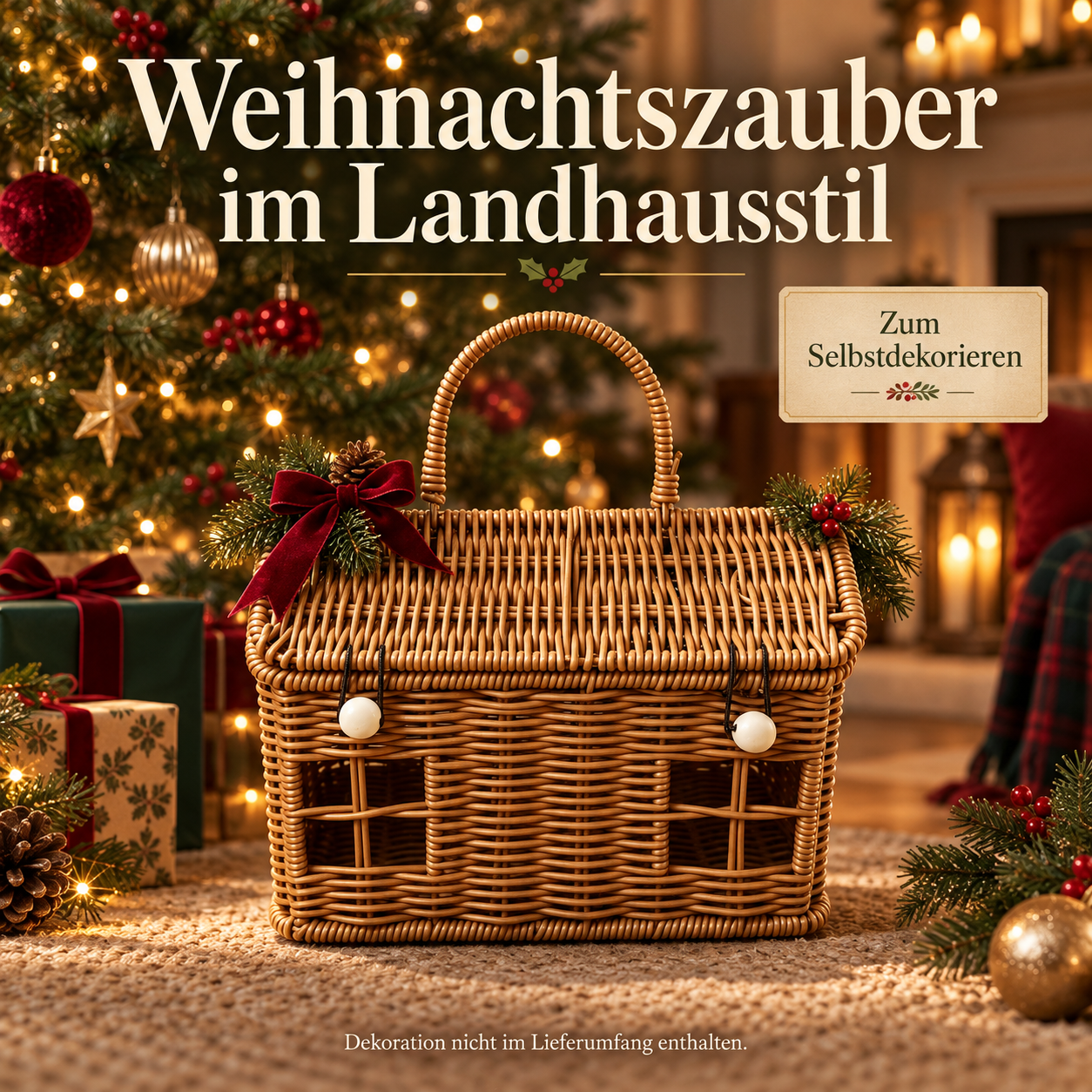 Brauner Deko-Korb in Hausform – weihnachtliche Gestaltungsidee