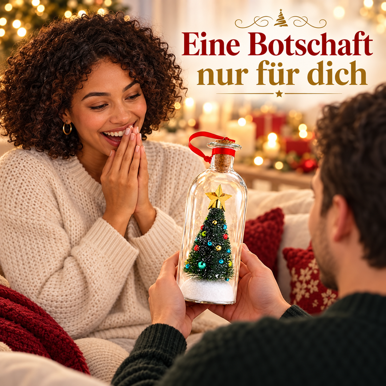Weihnachtsflasche mit grünem Miniaturbaum für deine persönliche Sprachnachricht