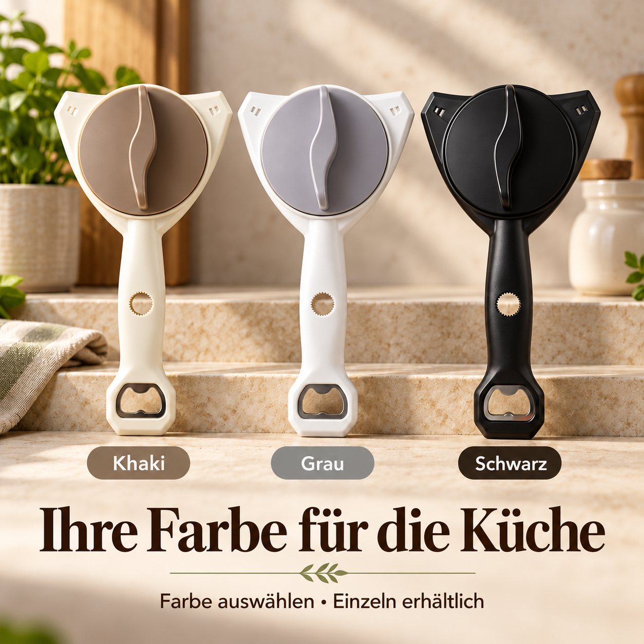 Deckelöffner in Khaki, Grau und Schwarz als getrennte Farboptionen
