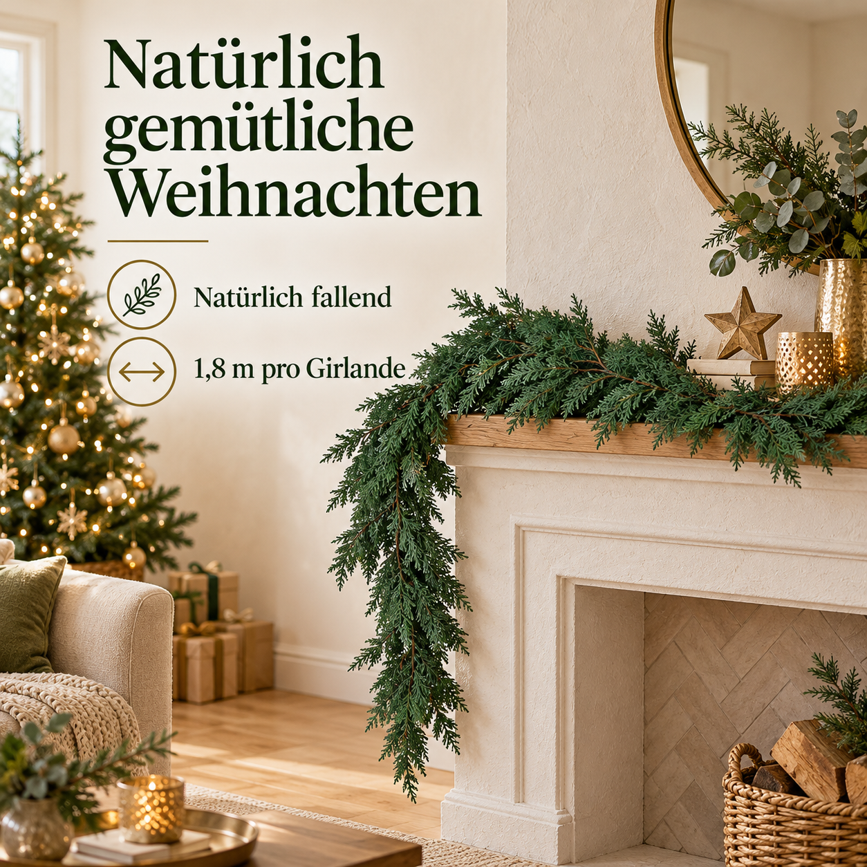 Künstliche grüne Zederngirlande mit natürlichem Fall an einem geschlossenen Kamin