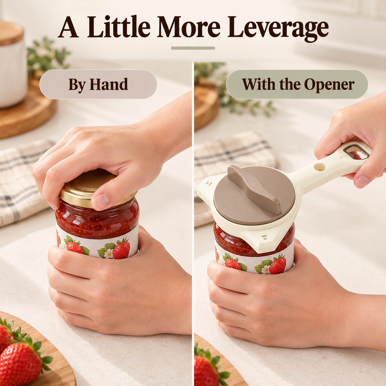 Same jar and countertop, opened by hand or held with the adjustable opener