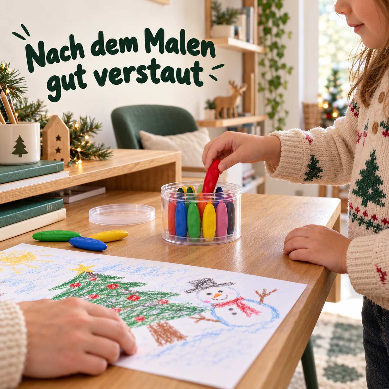Nach dem Malen wird ein Wachsmalstift in die Dose zurückgelegt