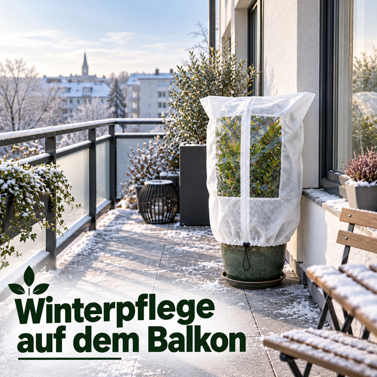 Frostschutzhaube mit Sichtfenster um eine Kübelpflanze auf einer winterlichen Terrasse