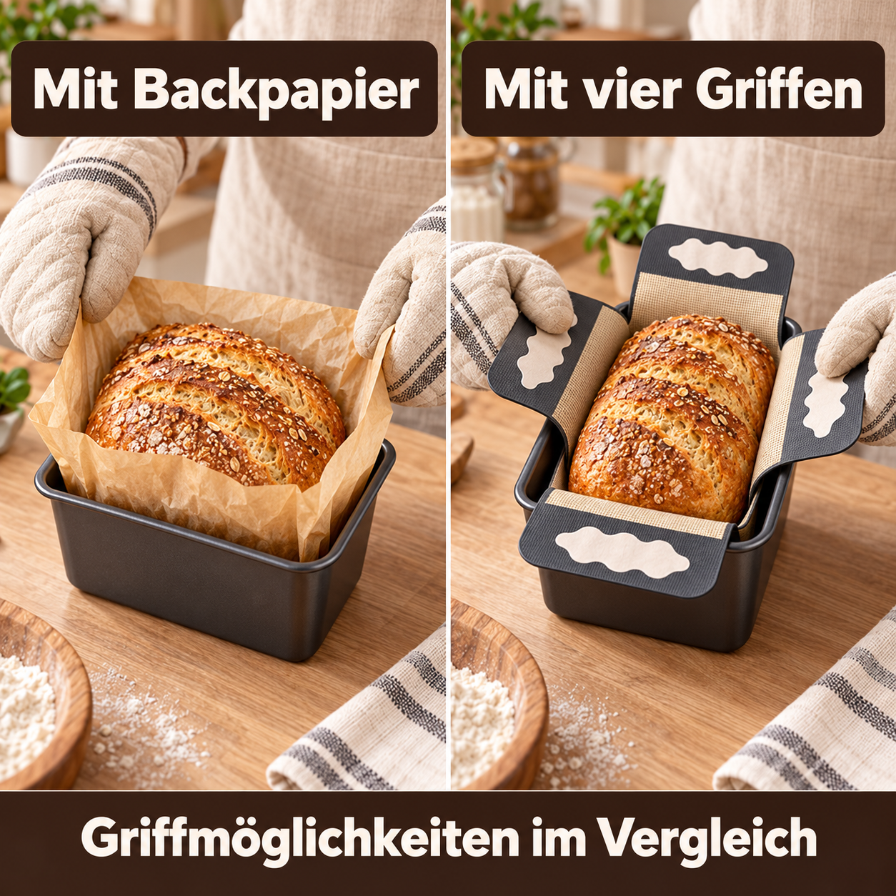 The same loaf and pan: parchment edges compared with four dedicated handles