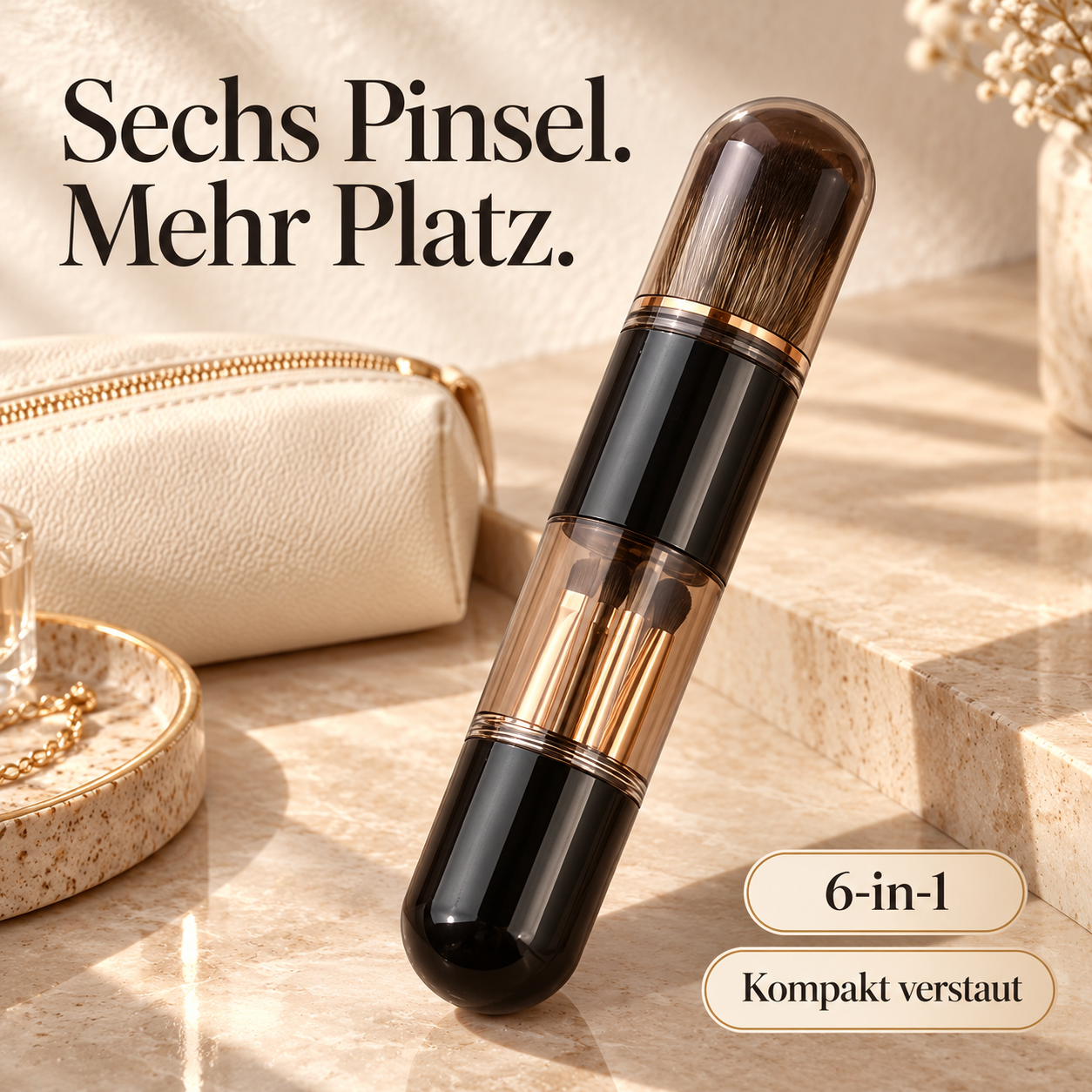 Schwarz-goldener 6-in-1-Make-up-Pinsel mit Schutzkappe und transparenter Aufbewahrung auf einem hellen Schminktisch