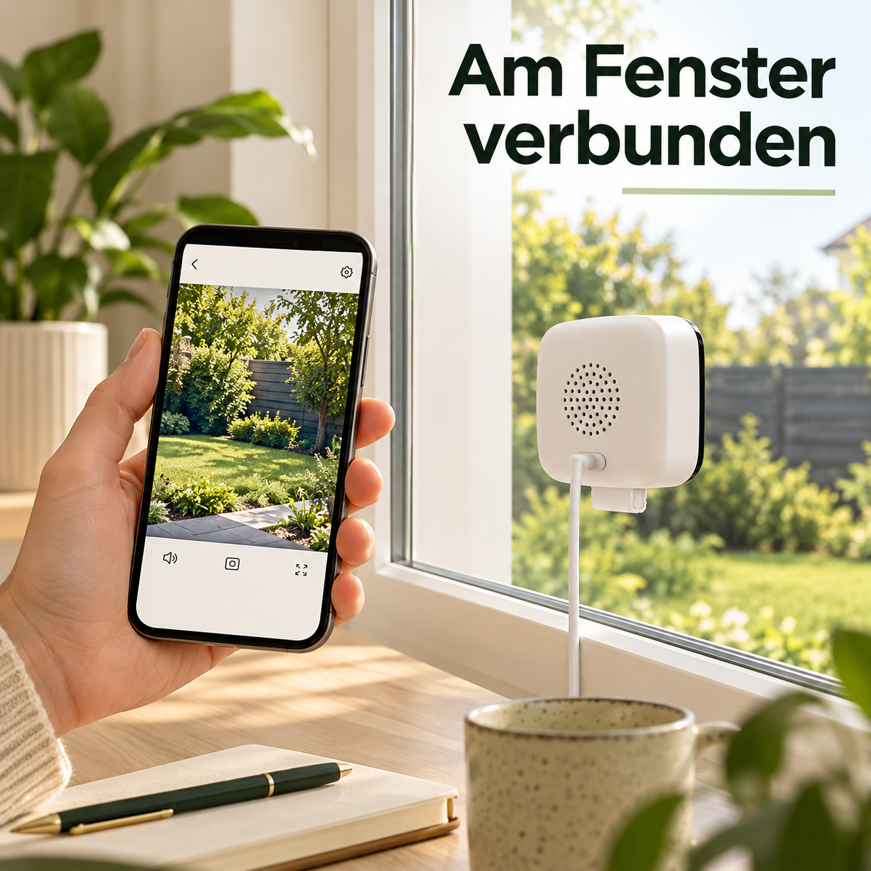 Smartphone und Kamerarückseite am Fenster im Arbeitszimmer