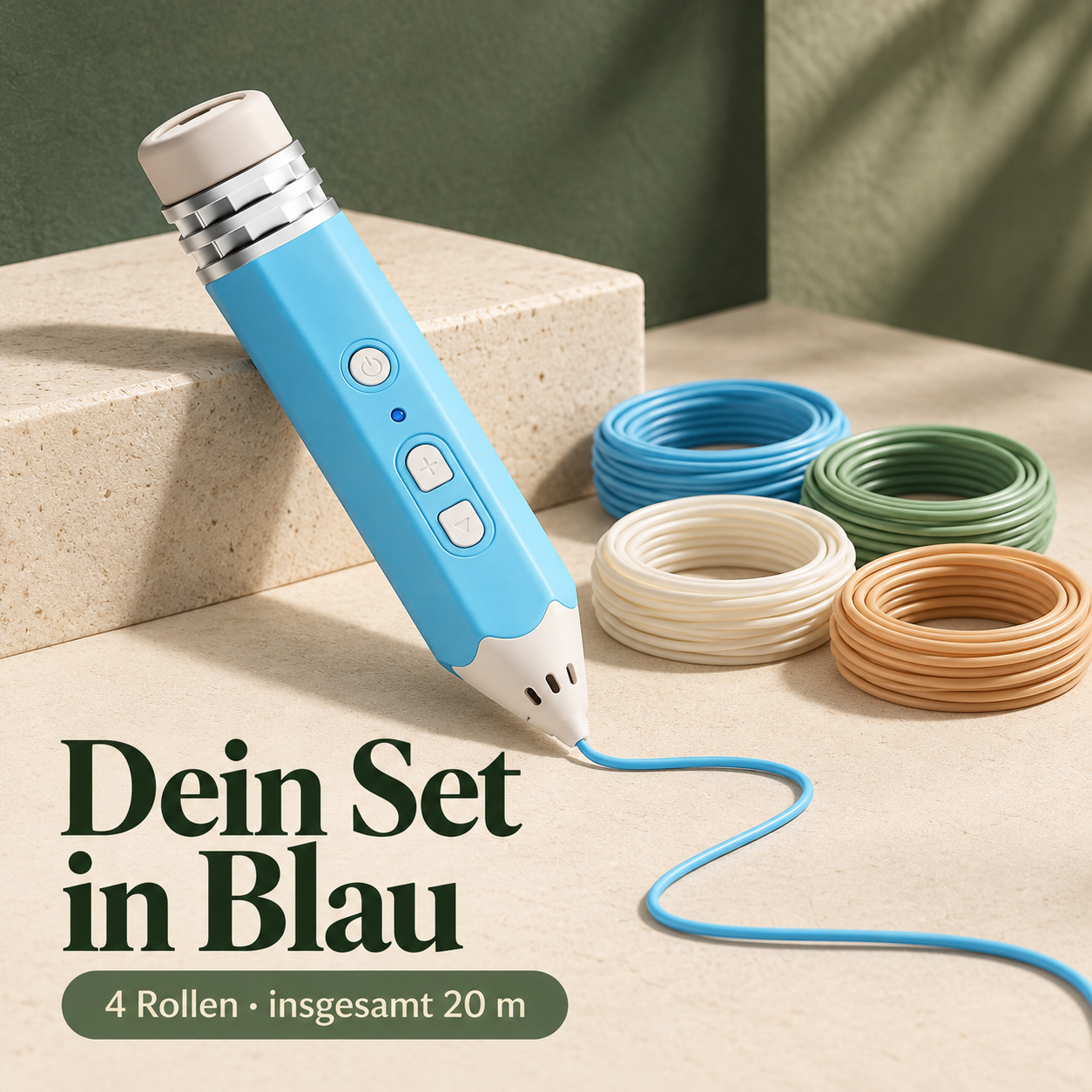 Ein 3D-Stift in Blau mit vier Materialrollen