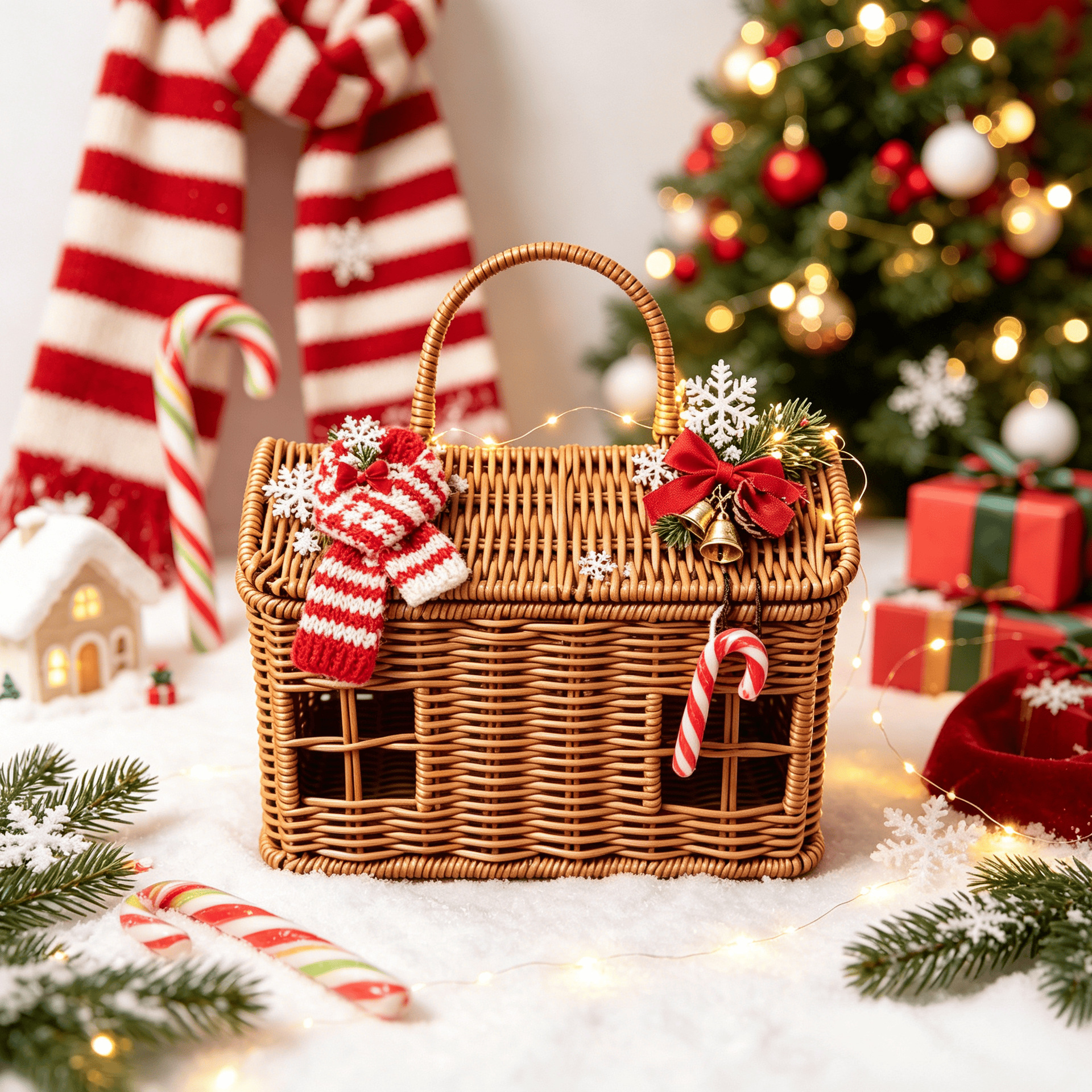 Dekorationsbeispiel mit Schneeflocken, Zuckerstangen und rot-weißen Accessoires