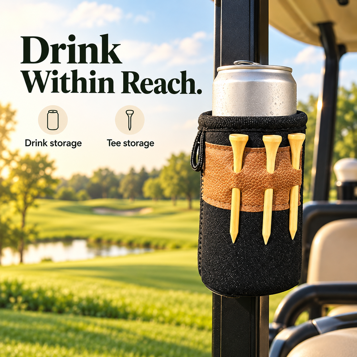 Black golf drink holder with tan tee band on a golf cart upright