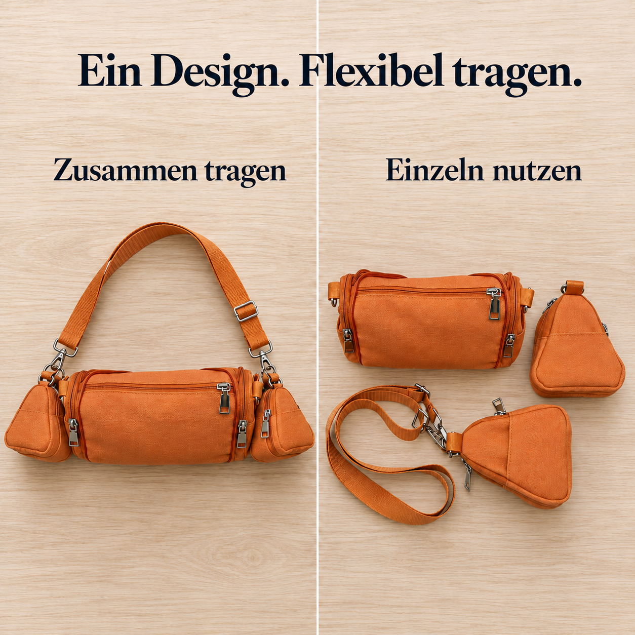 Dasselbe orange Taschenset zusammengesetzt und mit getrennten Modulen