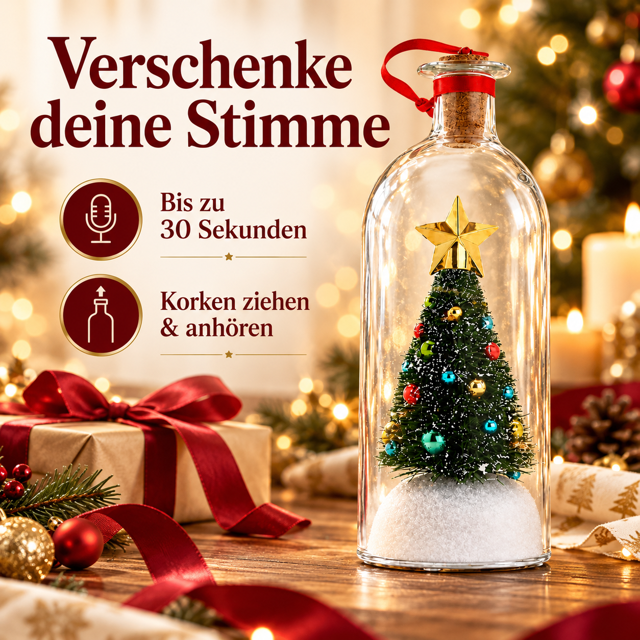 Weihnachtsflasche mit grünem Miniaturbaum für deine persönliche Sprachnachricht