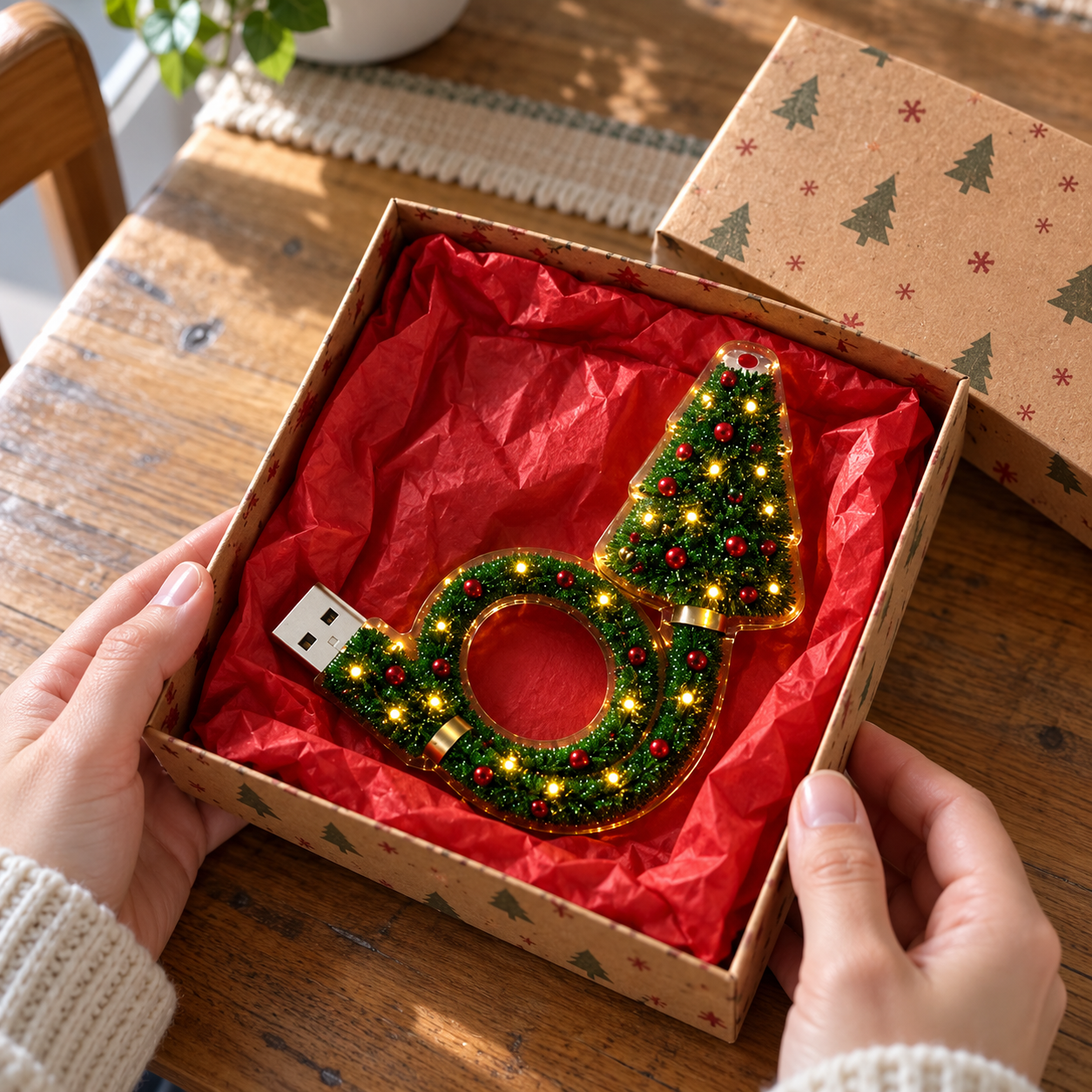 Open gift box showing one complete Christmas projector and USB plug