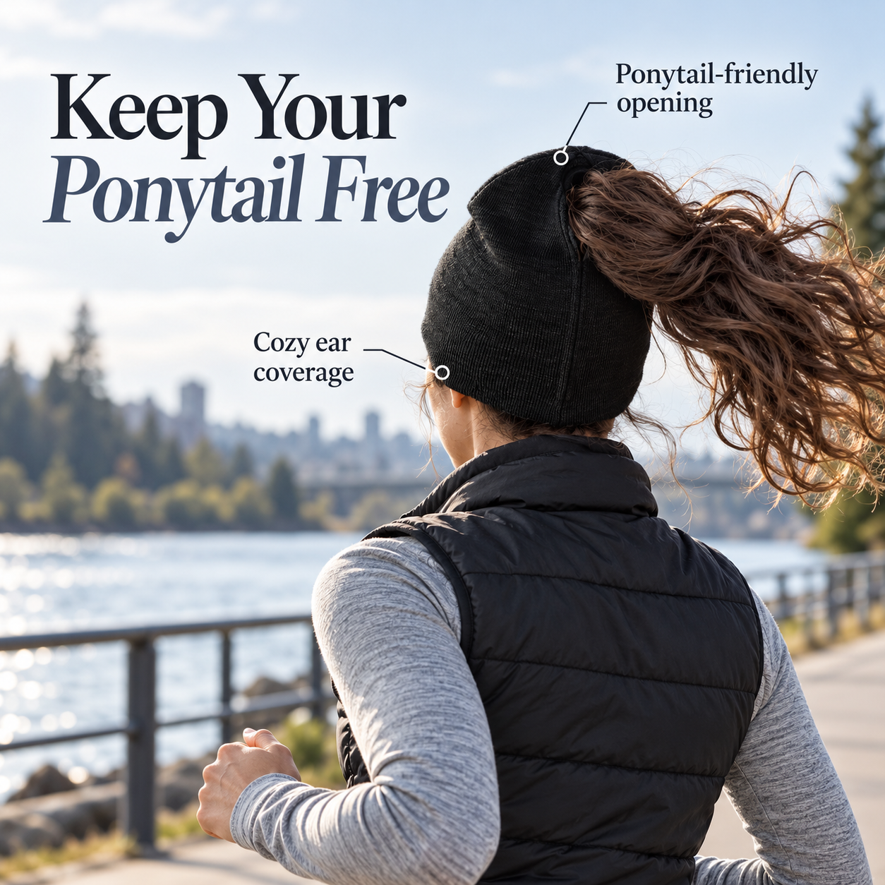 Black knit ponytail beanie with rear opening