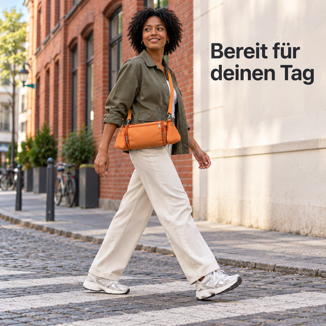 Orange Umhängetasche beim entspannten Stadtbummel quer über dem Körper getragen