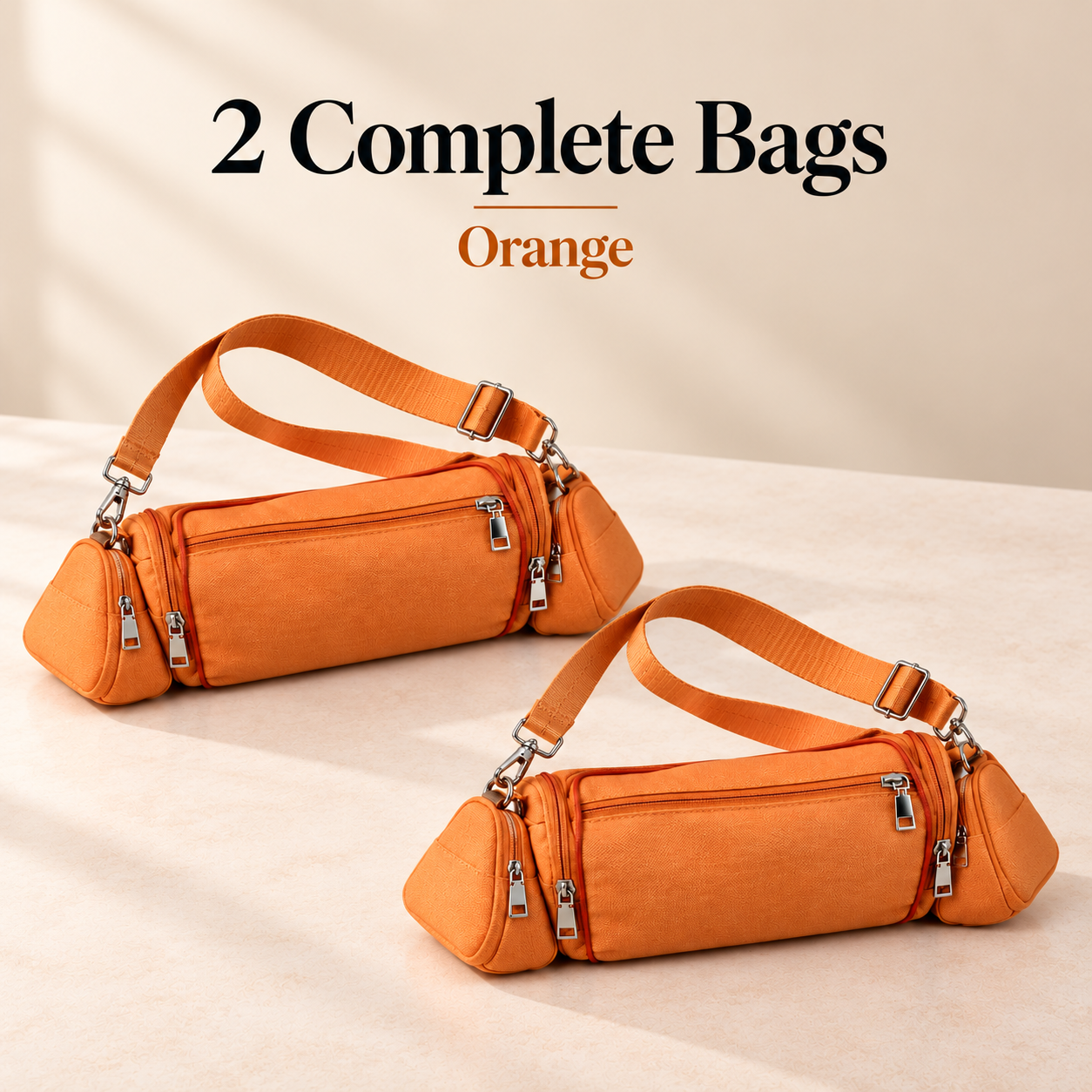 Two complete orange modular bag sets