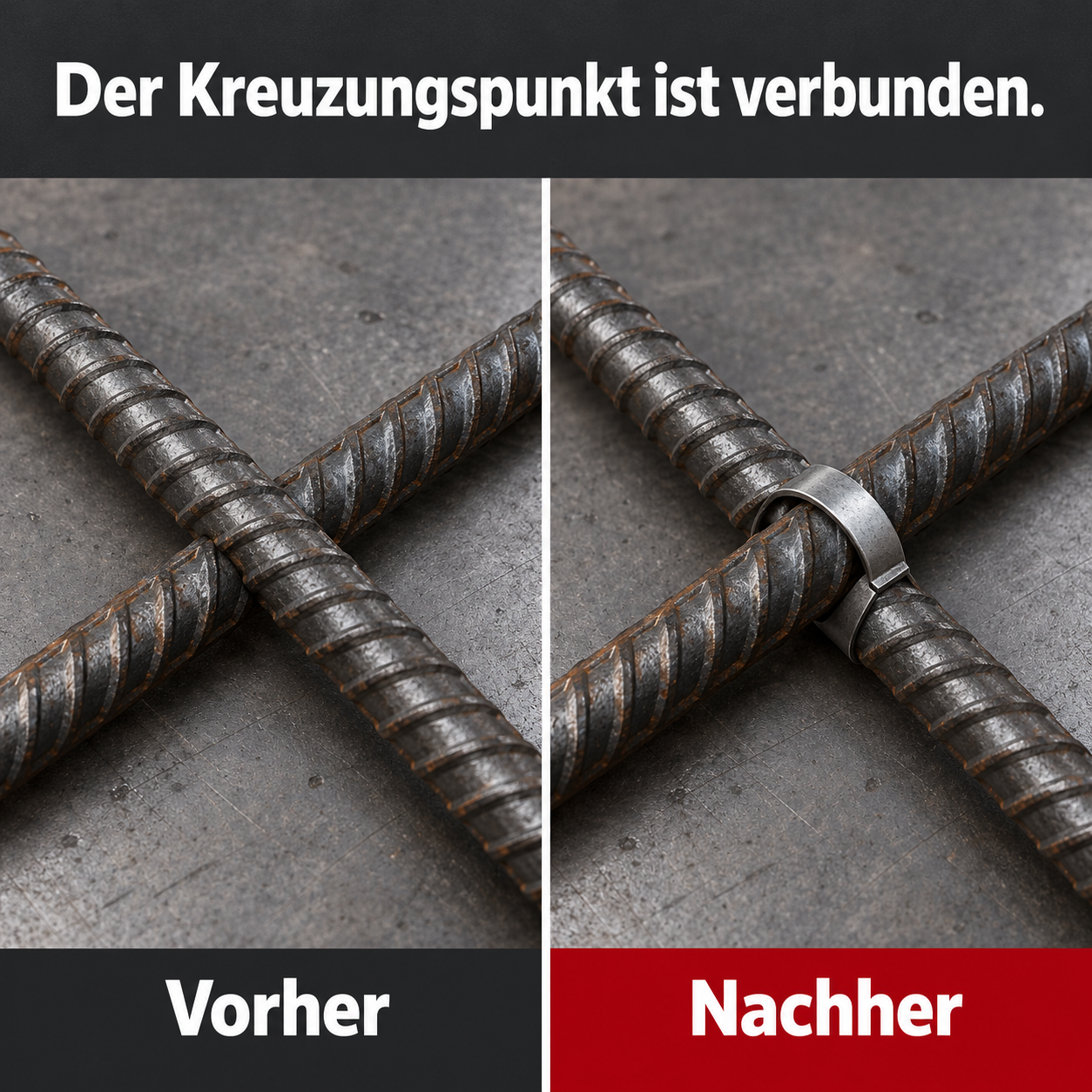 Gleiche Bewehrungskreuzung vor und nach dem Schließen eines C-Rings