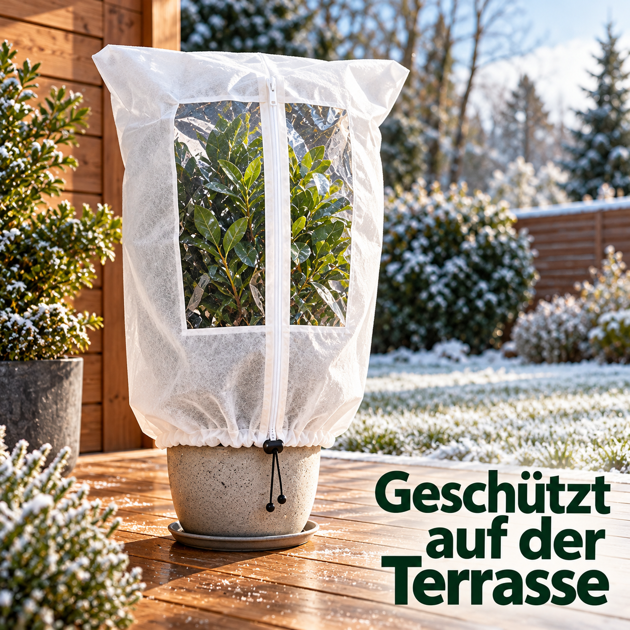 Frostschutzhaube mit Sichtfenster um eine Kübelpflanze auf einer winterlichen Terrasse