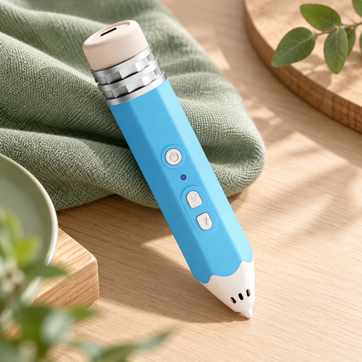 Blauer 3D-Stift mit Bedientasten und USB-C-Anschluss.