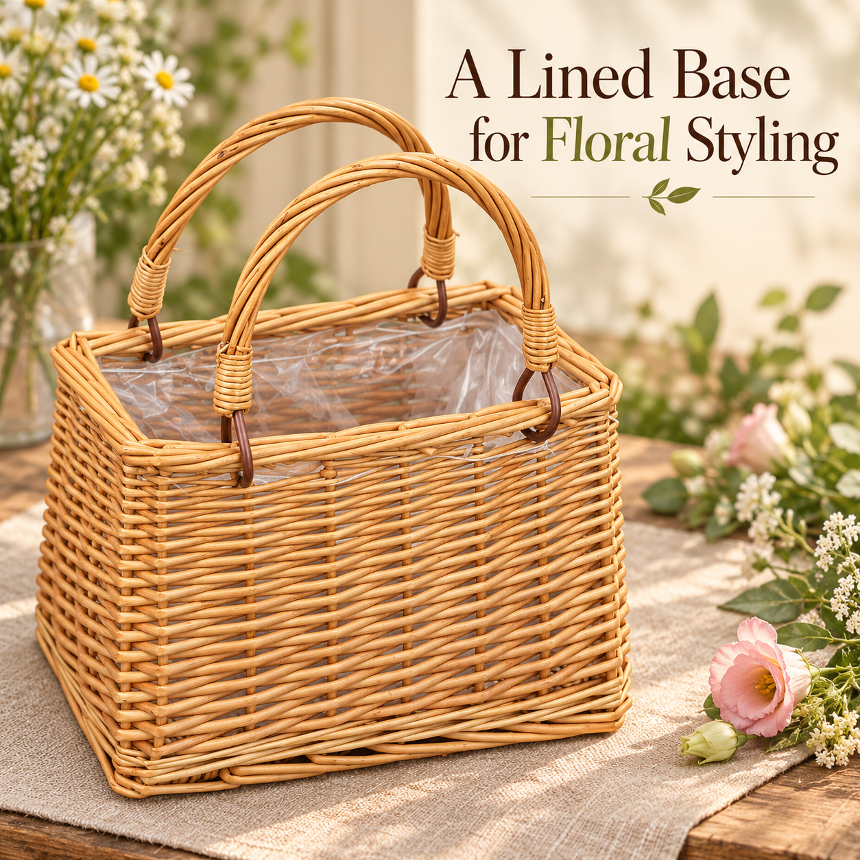 One empty lined woven basket with approximate body dimensions in inches