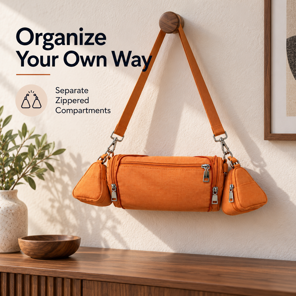 One complete orange modular bag set with its detachable parts