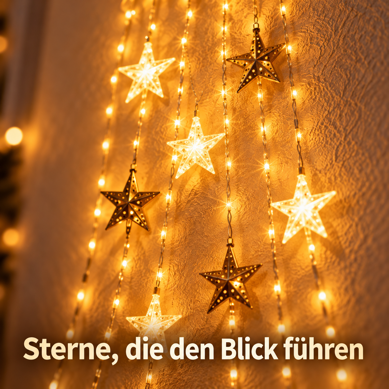 Leuchtende und goldfarbene Hängesterne im Detail