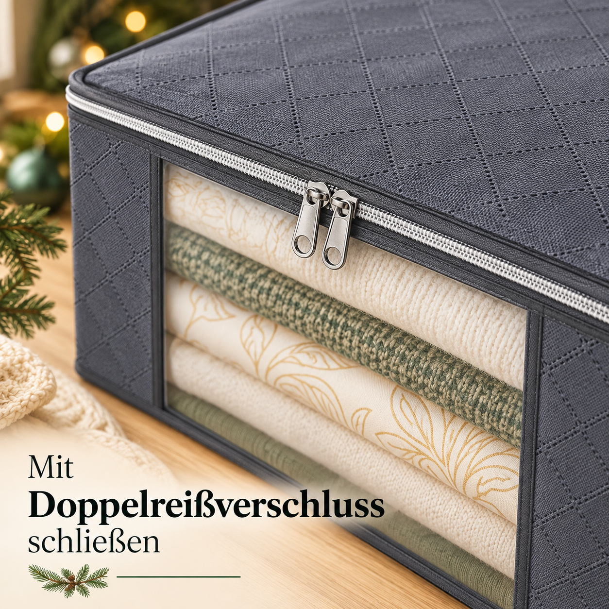 Doppelreißverschluss an der grauen Tasche