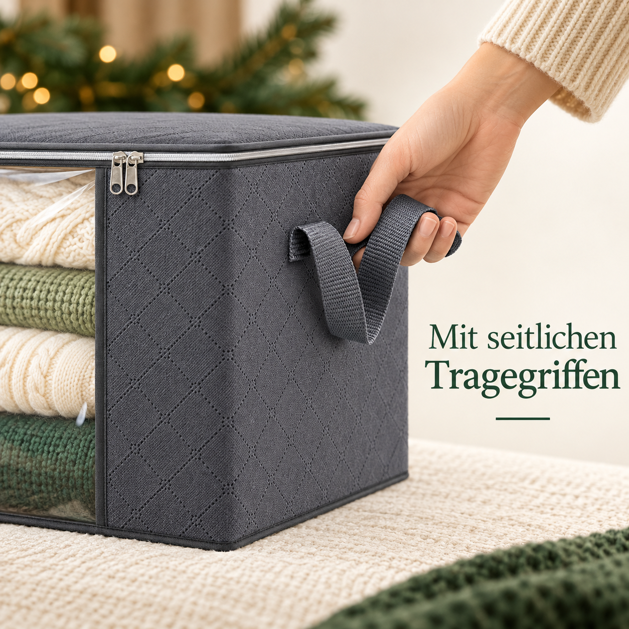 Seitlicher Tragegriff und graues Rautenmuster