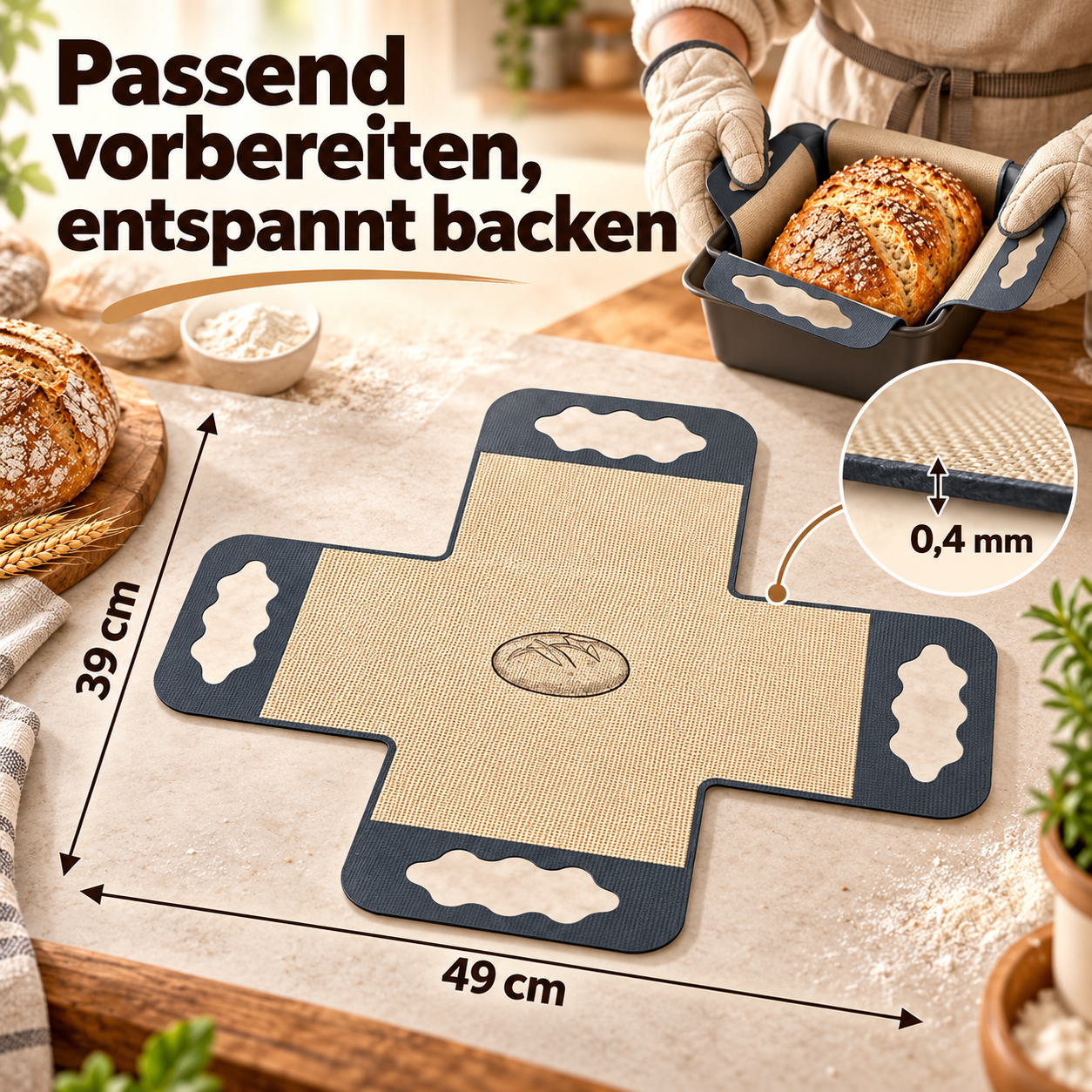 Cross-shaped baking mat measuring 49 by 39 cm overall and 0.4 mm thick