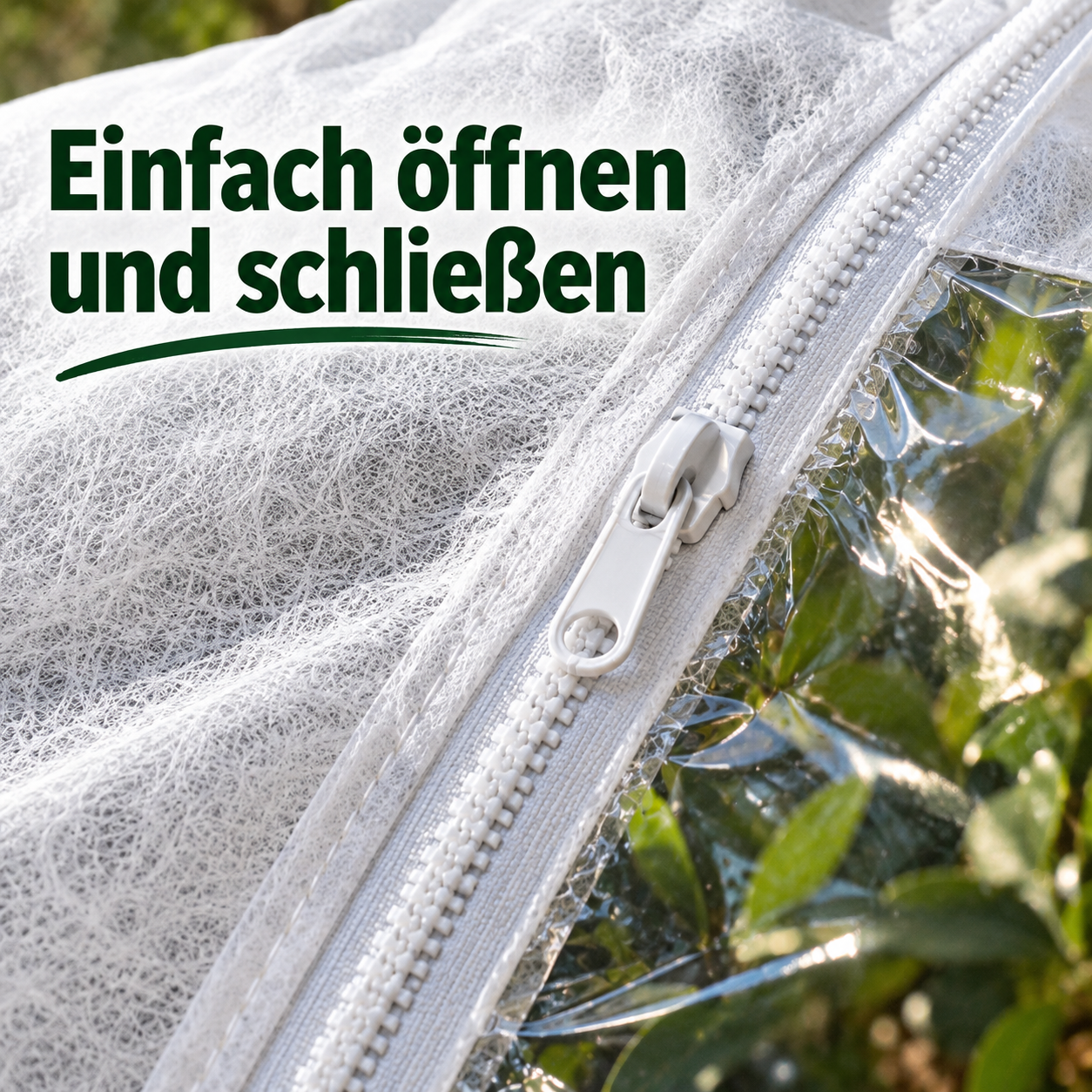 Frostschutzhaube mit Sichtfenster um eine Kübelpflanze auf einer winterlichen Terrasse