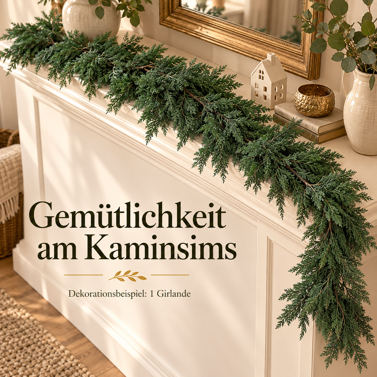 Eine grüne Zederngirlande auf einem kleinen Kaminsims aus seitlicher Draufsicht