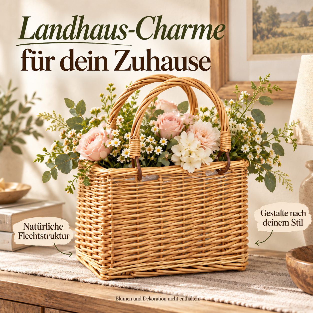 Hellbrauner geflochtener Blumenkorb mit Blumen auf einer cremefarbenen Konsole