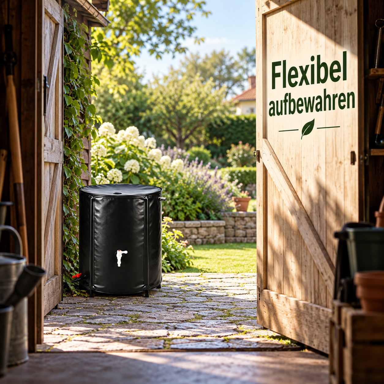 Schwarzer faltbarer Regenwassertank für den Garten