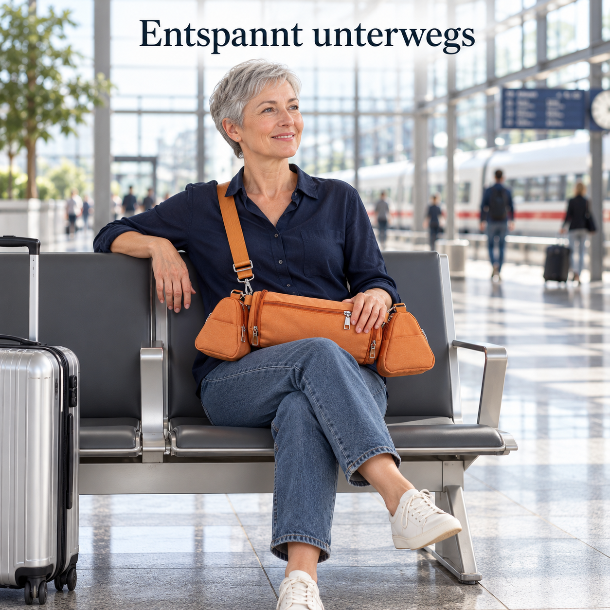 Orange modulare Tasche in einem Wartebereich am Bahnhof