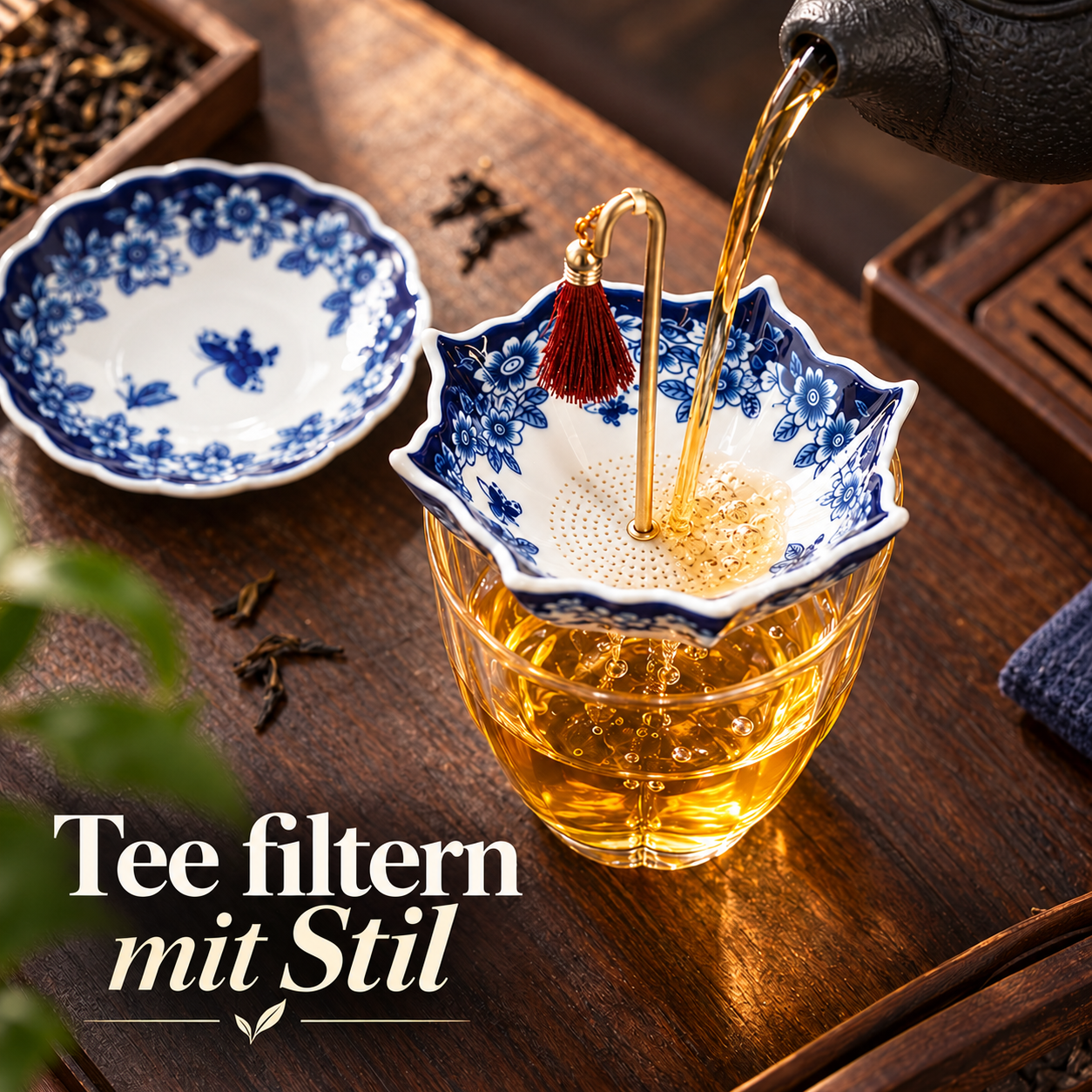 Tee wird durch das Regenschirm-Teesieb in eine Glastasse gegossen