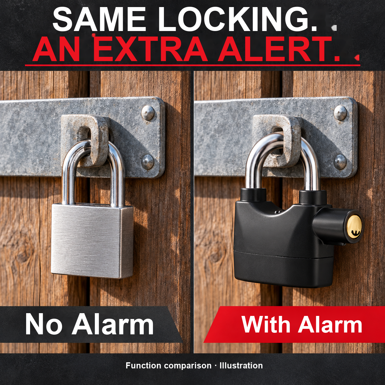 Function comparison on the same gate: a standard lock without an alarm and an alarm padlock with an alert function