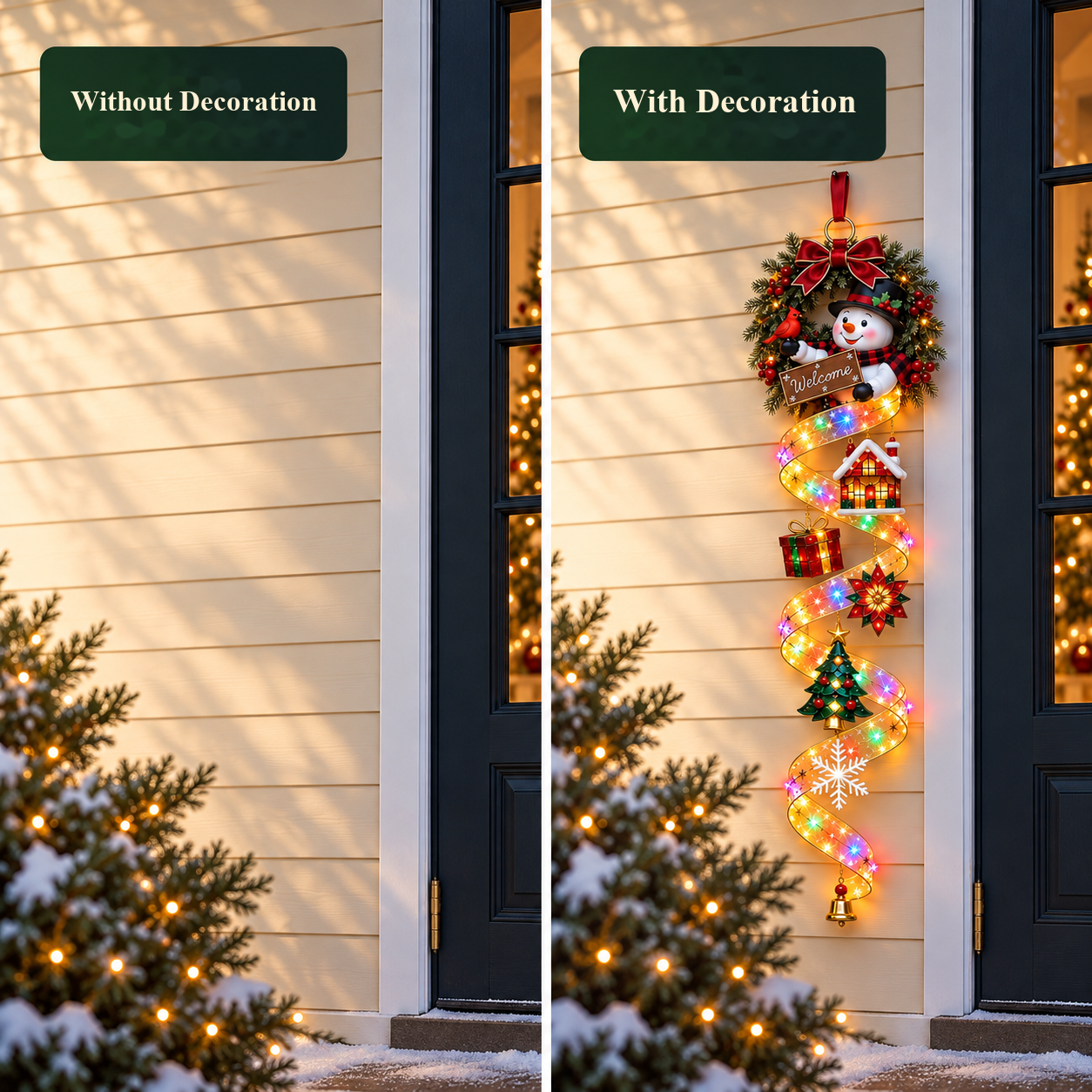 The same entrance with and without the snowman door decoration under the same lighting