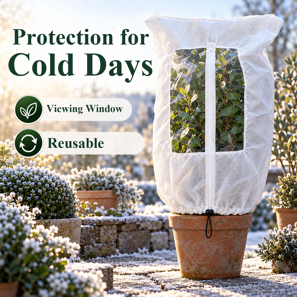 Frost cover with a viewing window around a potted plant on a winter patio