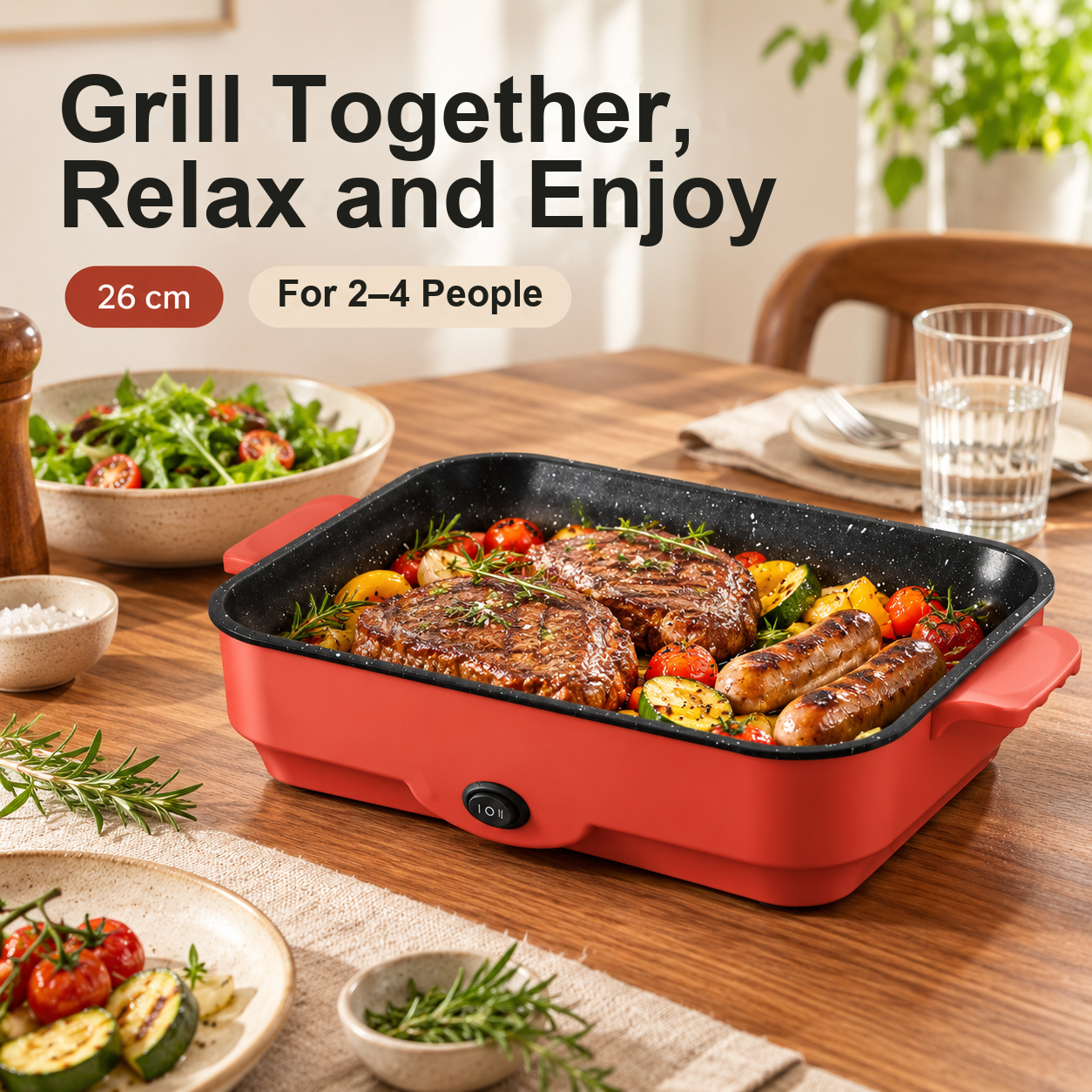 Red indoor grill with steak, sausages, and vegetables on a set dining table