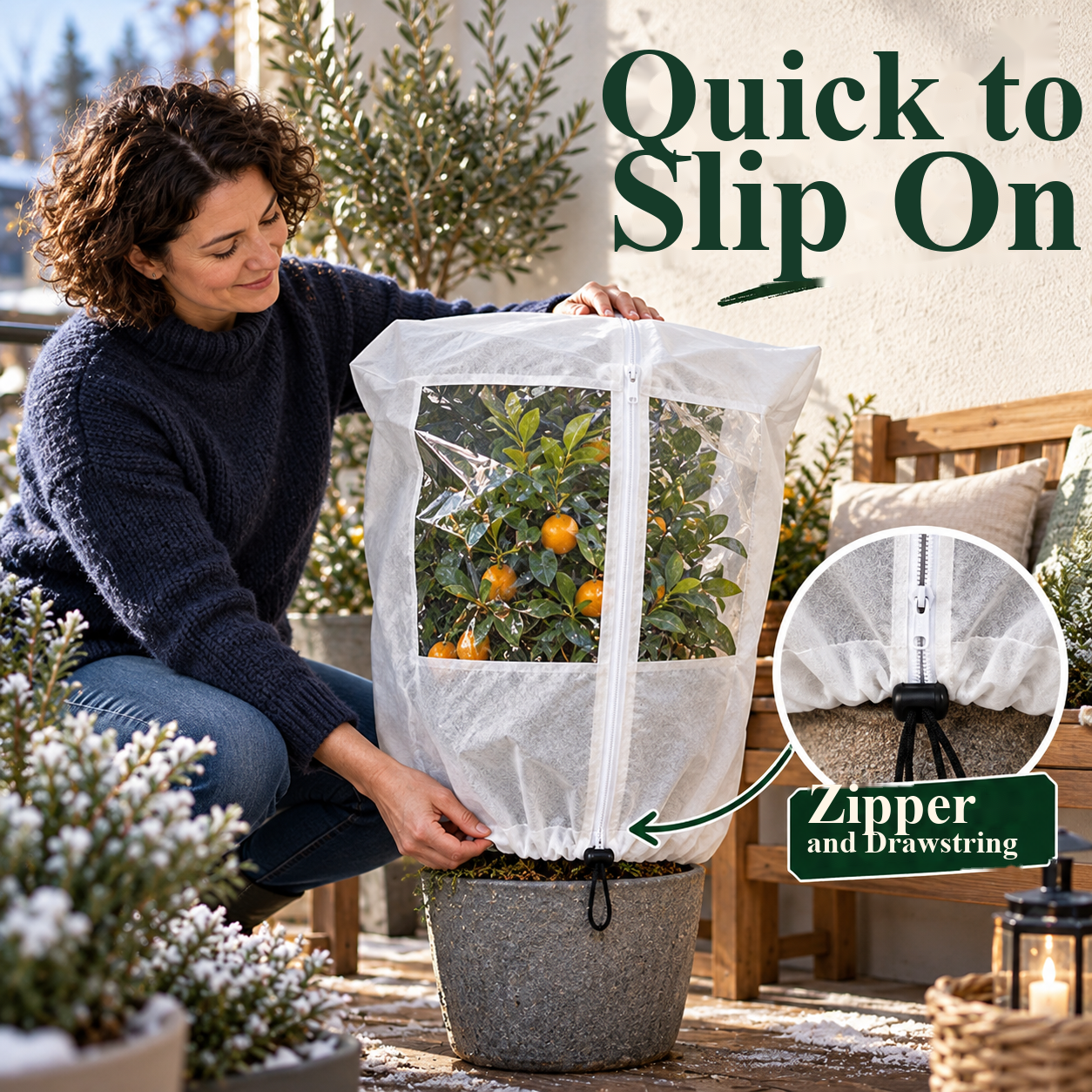 Frost cover with a viewing window around a potted plant on a winter patio