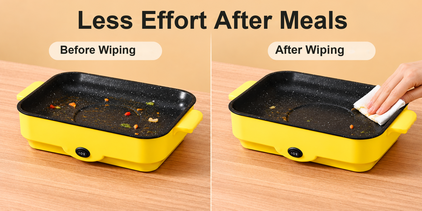 The same cooled grill surface before and after wiping with a paper towel
