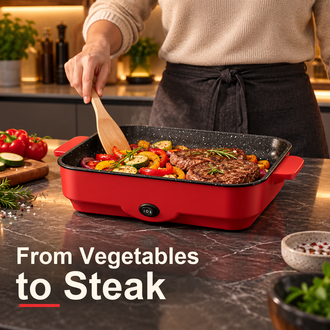 Steak and vegetables in the red indoor grill during dinner preparation