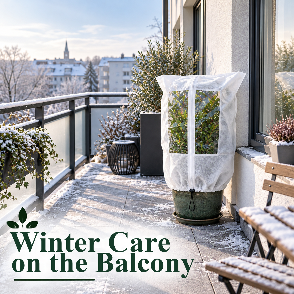 Frost cover with a viewing window around a potted plant on a winter patio
