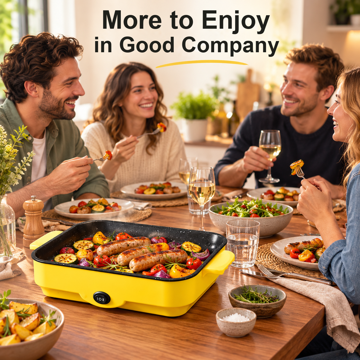 Yellow indoor grill with sausages and vegetables at a meal for four