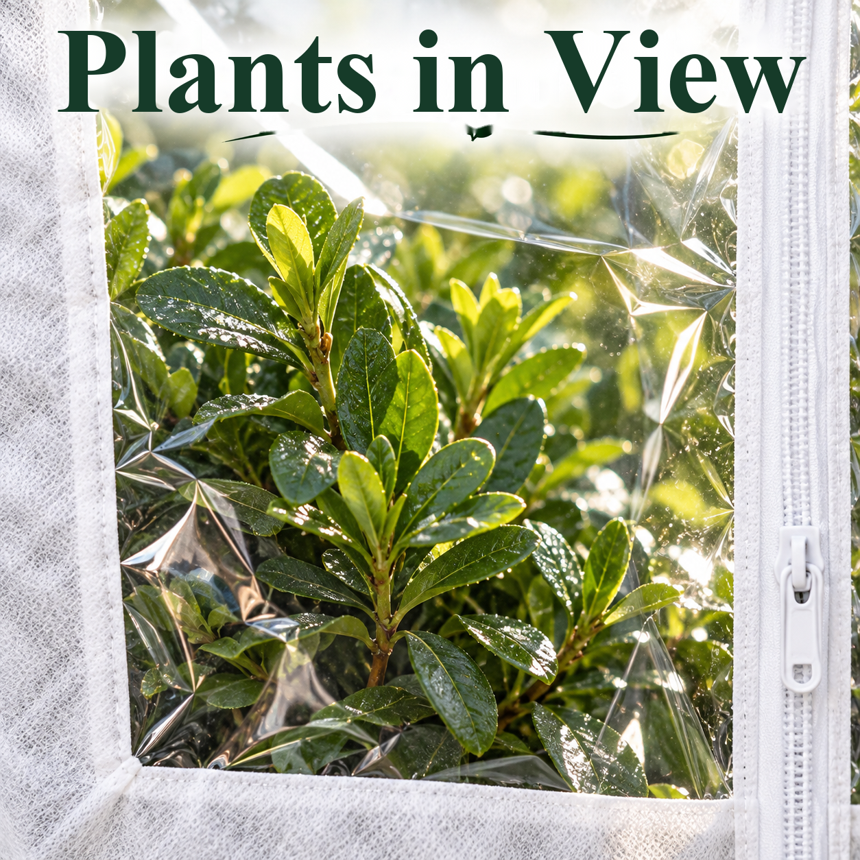 Frost cover with a viewing window around a potted plant on a winter patio
